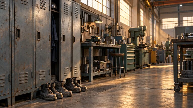 Work boots and lockers in a metalworking workshop