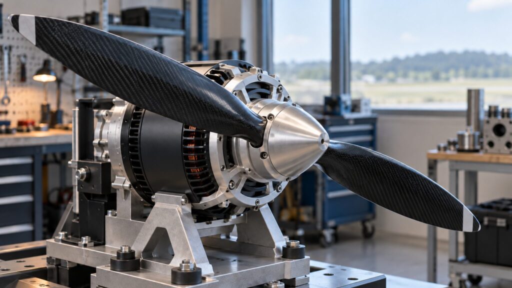 Stationary two-blade propeller and electric motor on a workshop test fixture