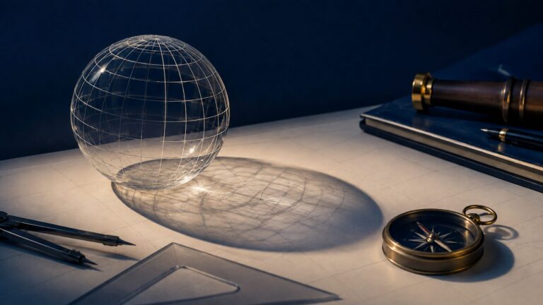 A borderless gridded globe casting a distorted geometric projection onto a flat surface
