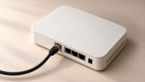 Illustrative unbranded connected router with Ethernet cable