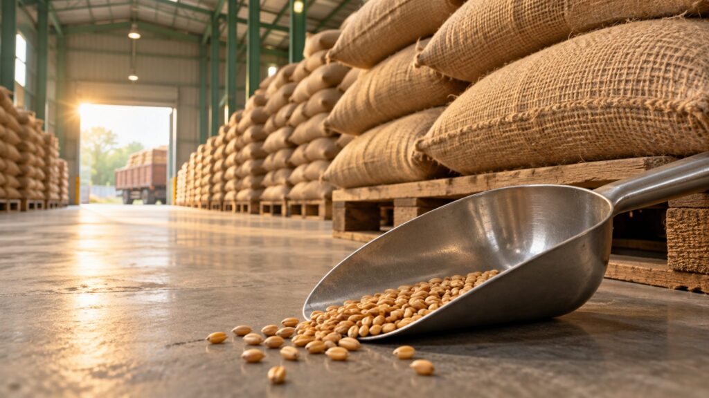 Wheat grains and an inspection scoop beside stacked sacks in a grain depot