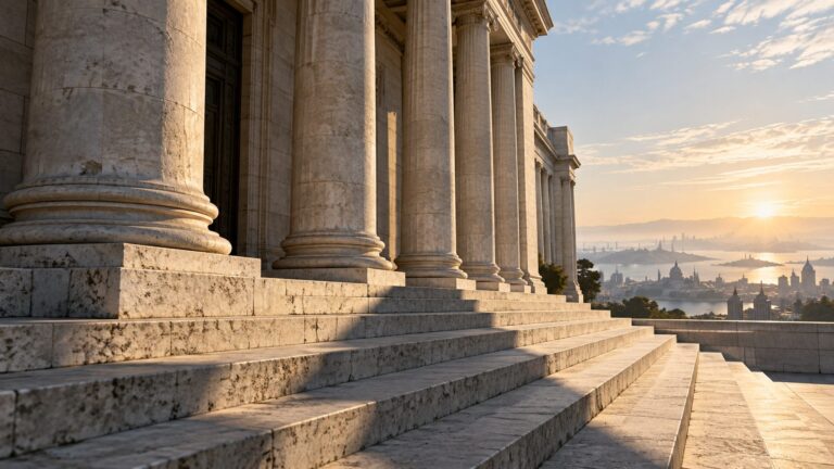 Stone columns and steps of a fictional financial institution