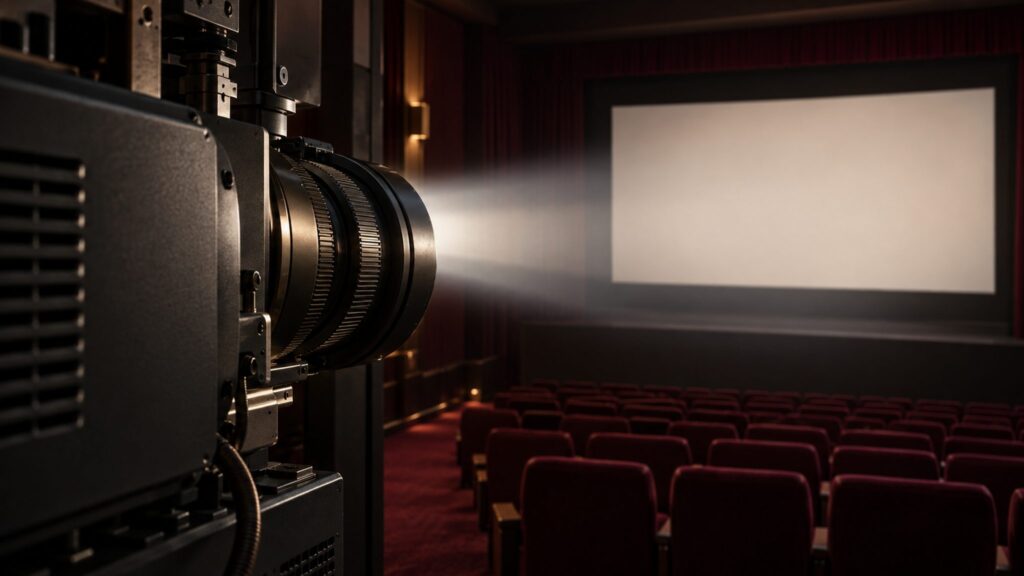 Illustrative cinema projector casting light onto a blank theatre screen