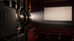 Illustrative cinema projector casting light onto a blank theatre screen