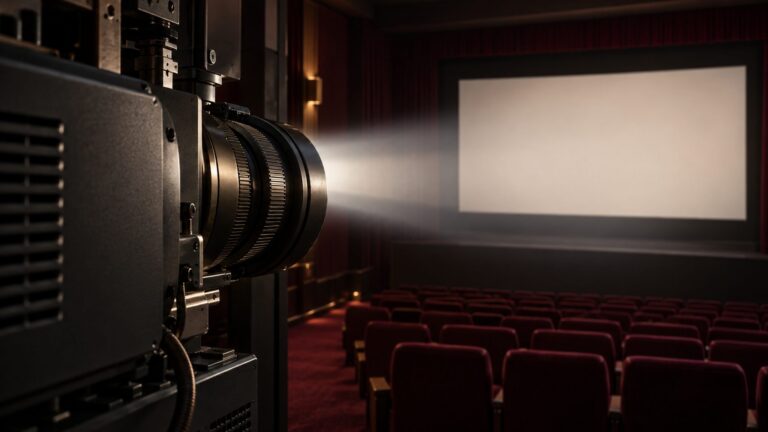 Illustrative cinema projector casting light onto a blank theatre screen