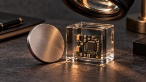 Conceptual metal token and circuit board in a glass cube under an optical lens