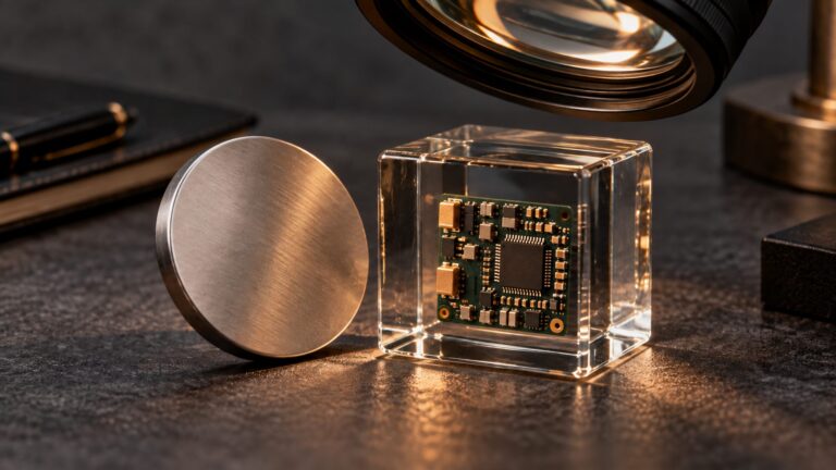 Conceptual metal token and circuit board in a glass cube under an optical lens