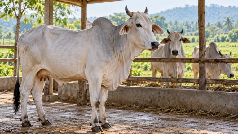 Illustrative scene of zebu dairy cattle in an airy rural cattle shed