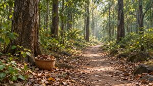 Illustrative forest path with mature trees and a basket of fallen leaves