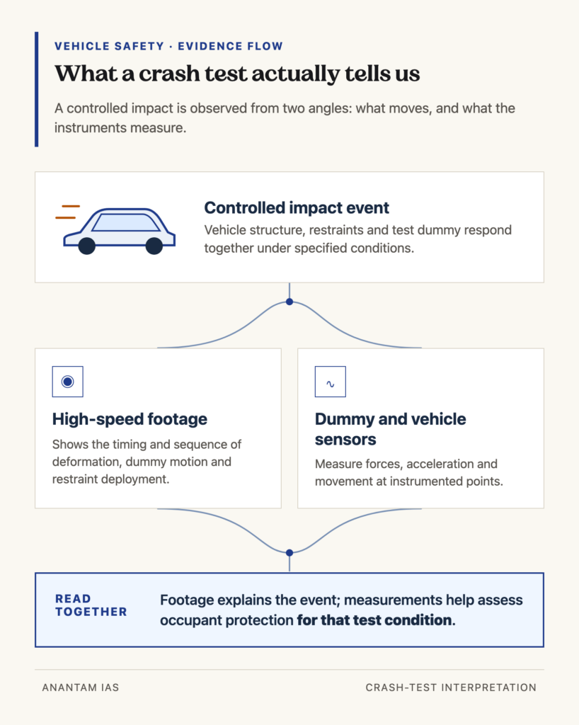 Controlled crash-test impact branching into high-speed footage and instrumented dummy measurements, then joining in a bounded occupant-protection assessment.