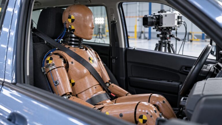 Illustrative crash-test dummy restrained by a seat belt inside an unbranded vehicle test cabin