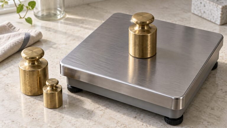 Illustrative steel weighing platform with cylindrical reference masses