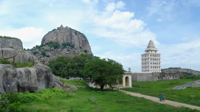 Rajagiri citadel on a boulder hill at Gingee Fort, Tamil Nadu, beside the white tiered Kalyana Mahal tower and ramparts