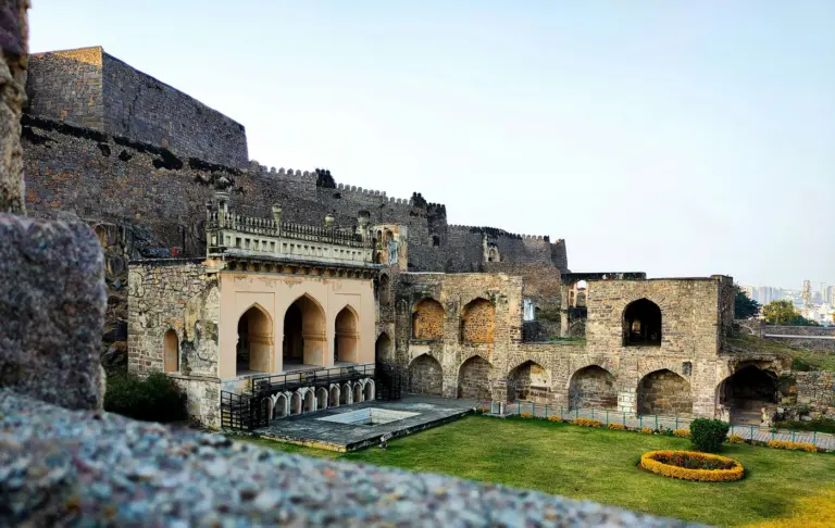 Granite ramparts and ruined palace terraces of Golconda Fort climbing a rocky hill on the western edge of Hyderabad