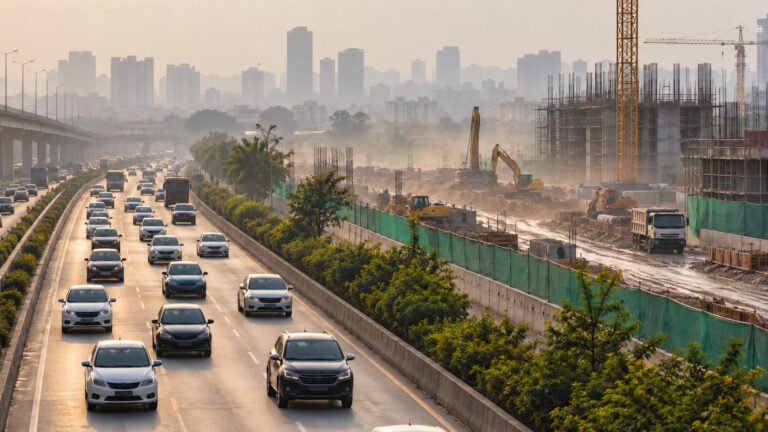 Illustrative urban traffic beside a screened construction site in light haze
