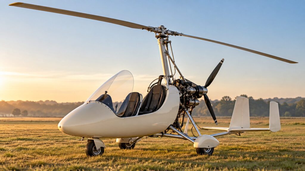 Illustrative open-cockpit gyroplane showing its overhead rotor and rear propeller