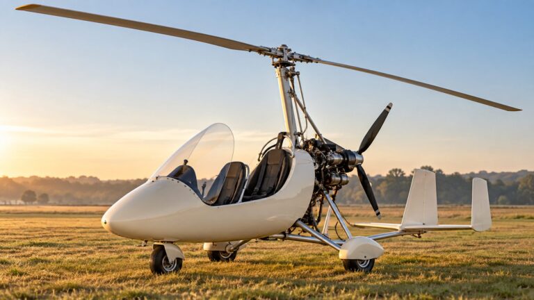Illustrative open-cockpit gyroplane showing its overhead rotor and rear propeller
