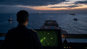 Merchant vessel approaching a tense sea passage while its crew assesses navigation and security risks