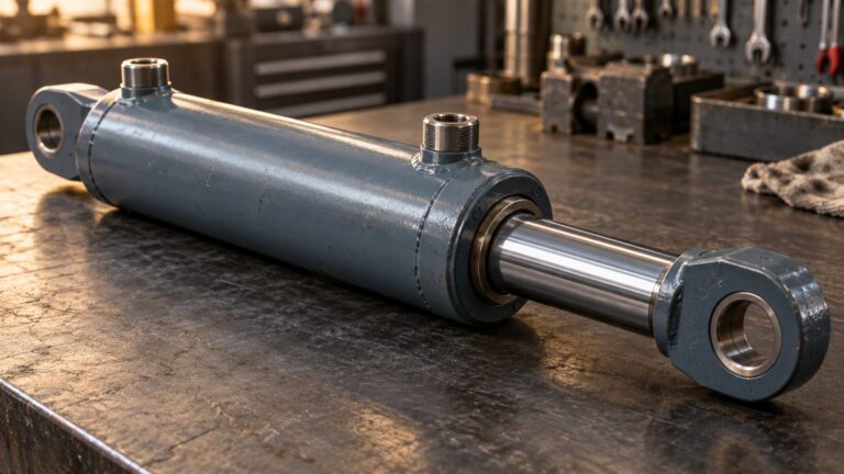 Illustrative linear hydraulic cylinder with a chrome piston rod and steel barrel on a workbench