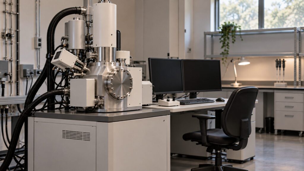 Illustrative university laboratory with a scanning electron microscope and its sample chamber