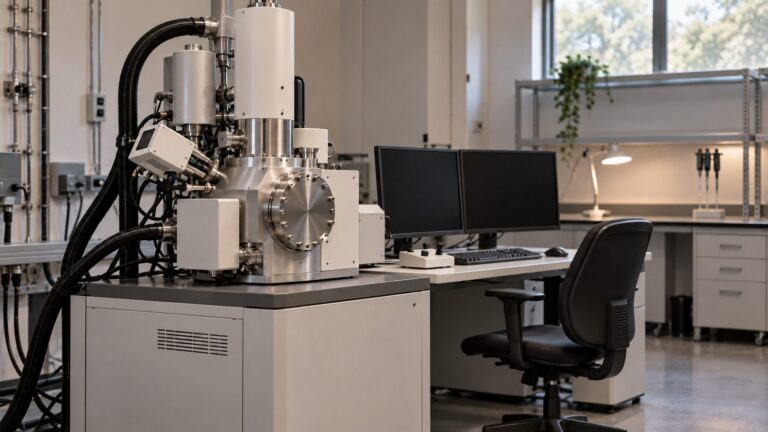 Illustrative university laboratory with a scanning electron microscope and its sample chamber