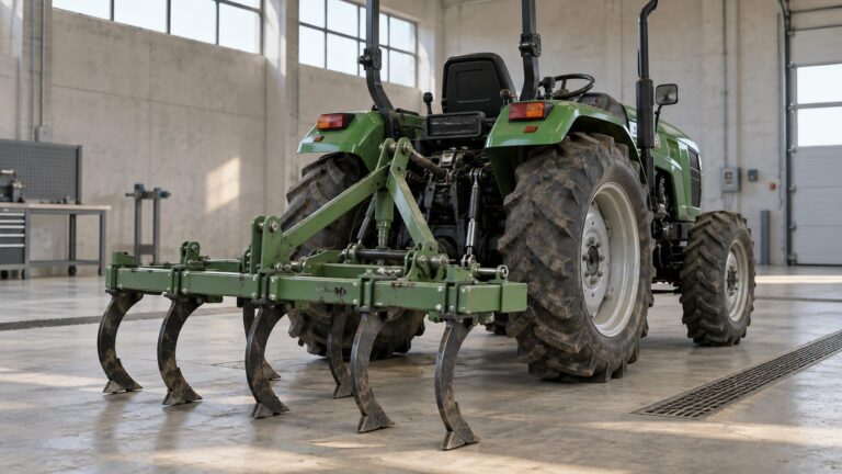 Illustrative tractor and soil cultivator in an agricultural machinery testing bay
