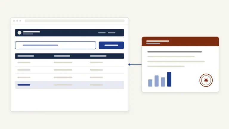 Illustration of a state services portal linked to an income certificate with a bar chart and seal