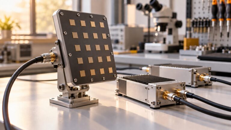Illustrative antenna array prototype and radio-frequency modules on a laboratory bench