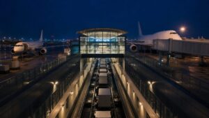 Regional feeder and long-haul aircraft connected through an airport transfer hub