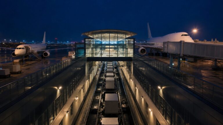 Regional feeder and long-haul aircraft connected through an airport transfer hub