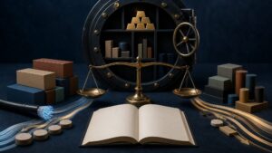 Editorial still life of trade, services, financial flows and reserve assets in a balance-of-payments system