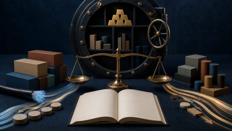Editorial still life of trade, services, financial flows and reserve assets in a balance-of-payments system