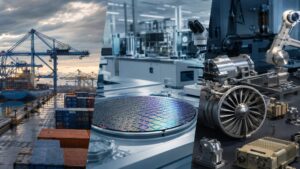 Port logistics, semiconductor research and defence manufacturing shown as connected bilateral sectors