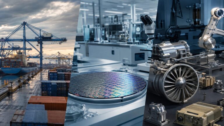 Port logistics, semiconductor research and defence manufacturing shown as connected bilateral sectors
