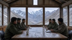 Anonymous military delegations meeting at a high-altitude border post in the eastern Himalayas