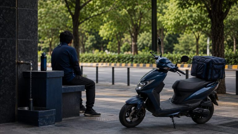 Platform delivery worker resting at a shaded urban service point beside an unbranded scooter
