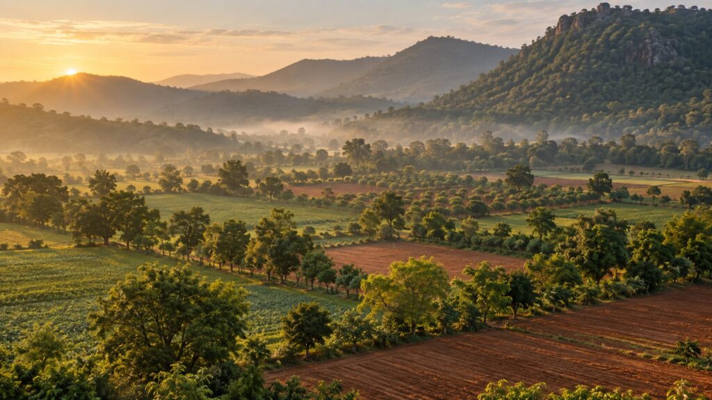 Trees among cultivated fields and orchards with wooded hills beyond