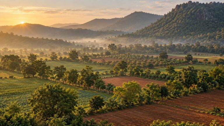 Trees among cultivated fields and orchards with wooded hills beyond