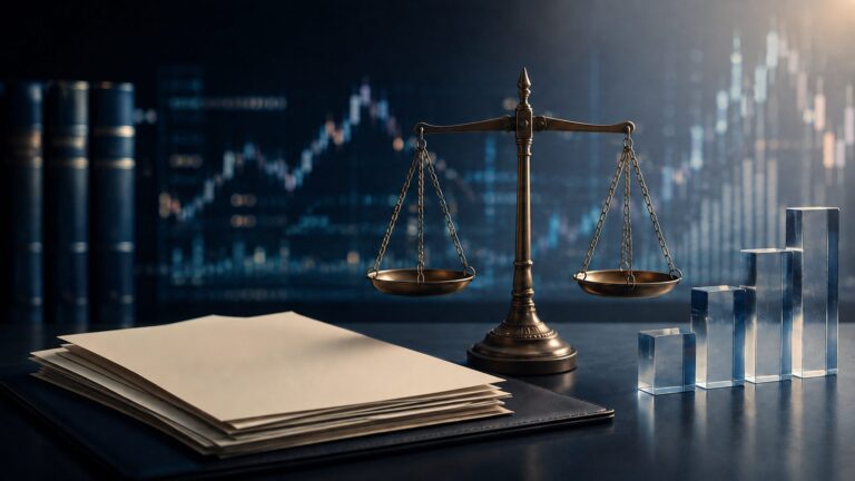 Editorial representation of a sovereign credit assessment with bond papers, balance scale and rising rating blocks