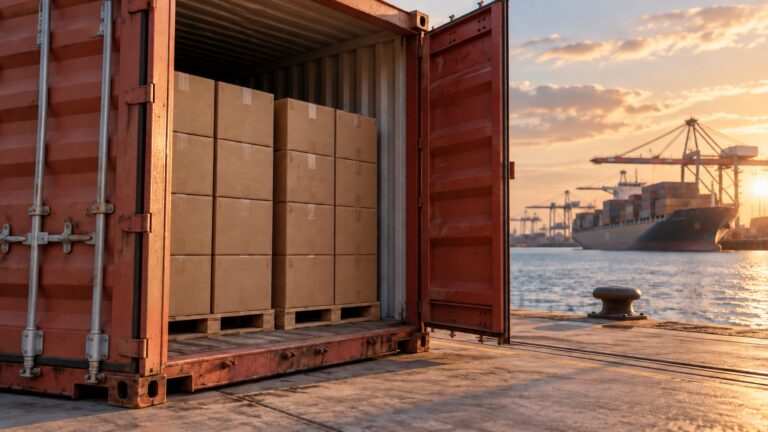Illustrative export cargo packed inside a shipping container beside a port berth