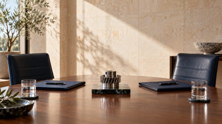 Empty chairs and unmarked folders facing a precision-machined component on a meeting table