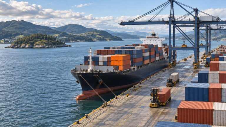 Illustrative container vessel and port infrastructure, showing the logistics behind goods trade.