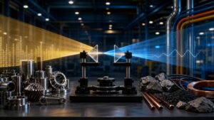 Factory output and industrial inputs passing through separate measurement prisms to represent double deflation