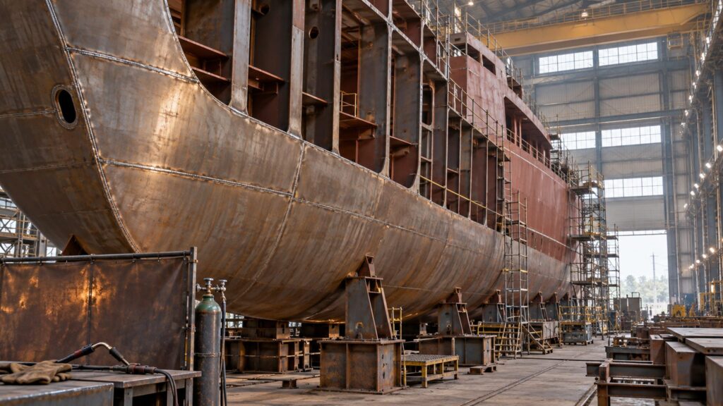 Illustrative unmarked steel ship hull under construction inside an industrial fabrication hall