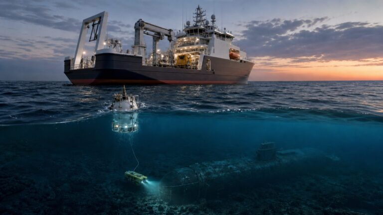 Naval diving support vessel deploying underwater rescue and intervention systems above a submerged submarine