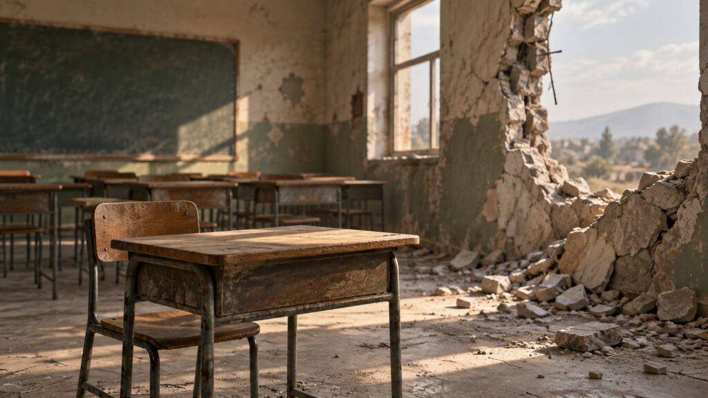 Conceptual illustration of empty desks in a damaged classroom, not a depiction of an actual investigated school