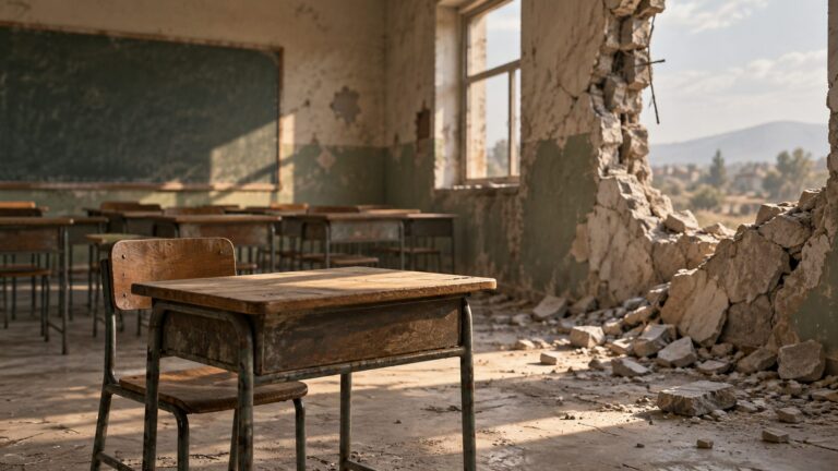 Conceptual illustration of empty desks in a damaged classroom, not a depiction of an actual investigated school