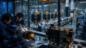 Scientists developing frontier space technology beside an industrial line scaling mature satellite and launch systems