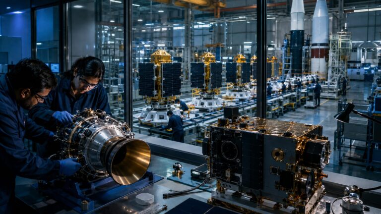 Scientists developing frontier space technology beside an industrial line scaling mature satellite and launch systems