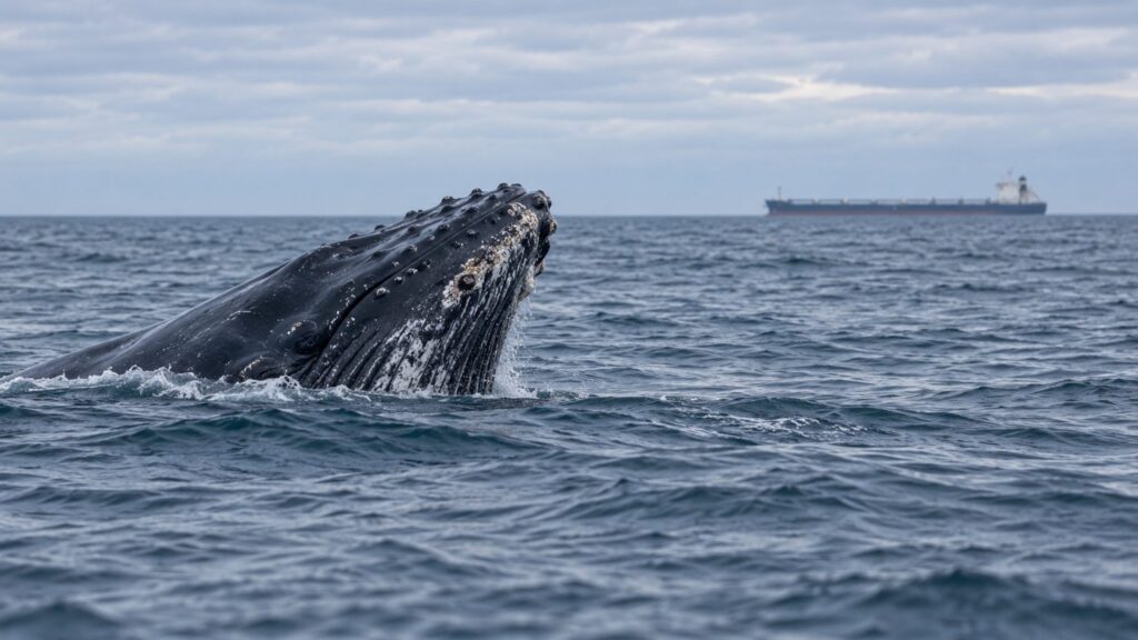 Illustrative humpback whale surfacing in open water with a distant cargo vessel